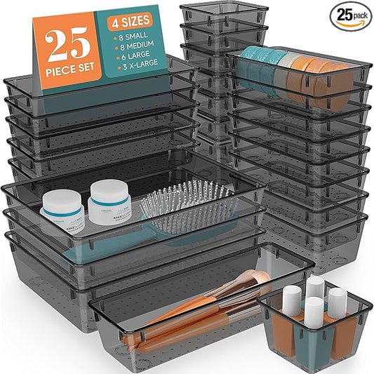 25 PCS Drawer Organizer Set, 4 Varied Size Bathroom and kitchen Drawer cabinet organizer Trays, Clear Storage Bins for Makeup, Jewelry, Utensils and Gadgets，Black-NeatNest