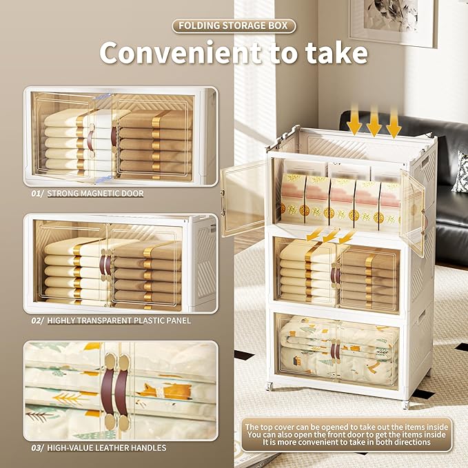400 QT / 100 Gal Collapsible Storage Bins with Wheels & Magnetic Doors - Stackable Plastic Cabinet Organizer for Home, Garage, Closet (White Space-Saving Containers)-NeatNest