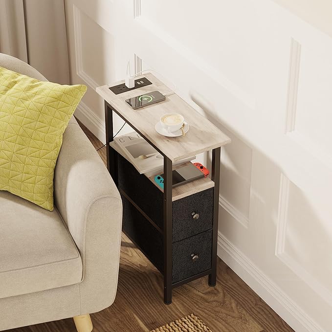 End Table with Charging Station, Narrow Side Table with 2 Fabric Drawers, Skinny Nightstand with LED Light, Slim Bedside Table for Bedroom, Living Room, Small Spaces, Greige and Black