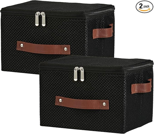 2PCS Storage Bins with Lid Fabric Storage Box Basket PU Leather Handle Textured Woven Cotton Linen Decorative Foldable Washable Shelf Closet Organizer Container (Zipper Lid, Black, Small)-NeatNest