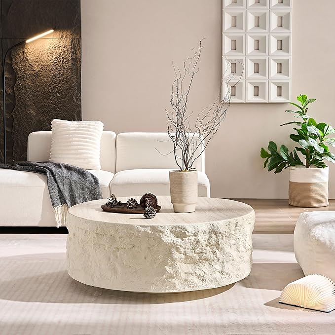 kevinplus ø35.43'' Round Coffee Table for Living Room, Modern Drum Circle Coffee Table, Fiberglass Material, No Assembly, Beige