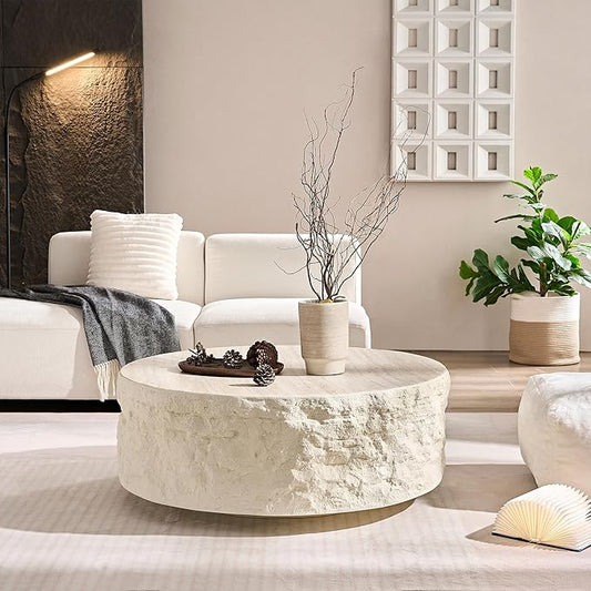 kevinplus ø35.43'' Round Coffee Table for Living Room, Modern Drum Circle Coffee Table, Fiberglass Material, No Assembly, Beige