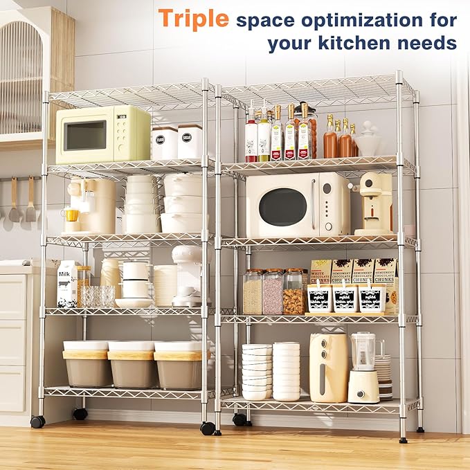5-Tier Heavy Duty Wire Shelving Unit,35"Wx18"Dx71"H,5-Shelf Racks On Lockable Wheels,Height Adjustable Metal Shelves,Shelving Unit and Storage For Bathroom,Kitchen,Garage,Office,Studio,Chrome-NeatNest