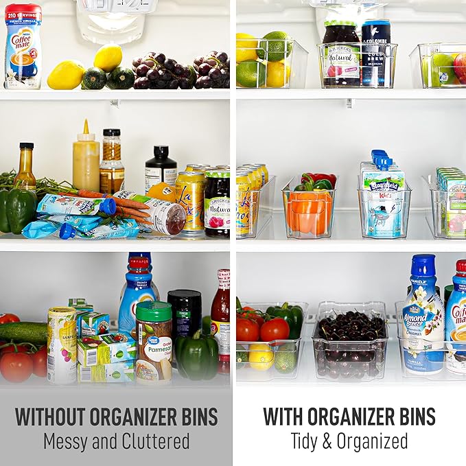 Zulay 4 Pack Clear Refrigerator Organizer Bins - Narrow Fridge Organizers and Storage Clear - Ideal Freezer Organizer Bins, Refrigerator Storage Containers, Kitchen Cabinets, Pantry Organization