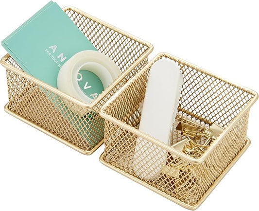 Annova Stackable Mesh Drawer Cabinet and Shelf Organizer Bins Storage Basket School Office Supply Holder Tray- Set of 2 (Gold, 3x3x2 Inch)-NeatNest