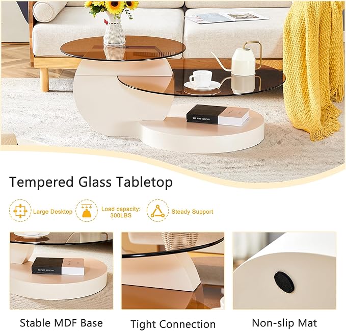 Glass Coffee Tables for Living Room Round Coffee Tables Modern Double Layer Round Table Circle Coffee Table for Small Space Home Office (42 Inch Amber Yellow Glass)