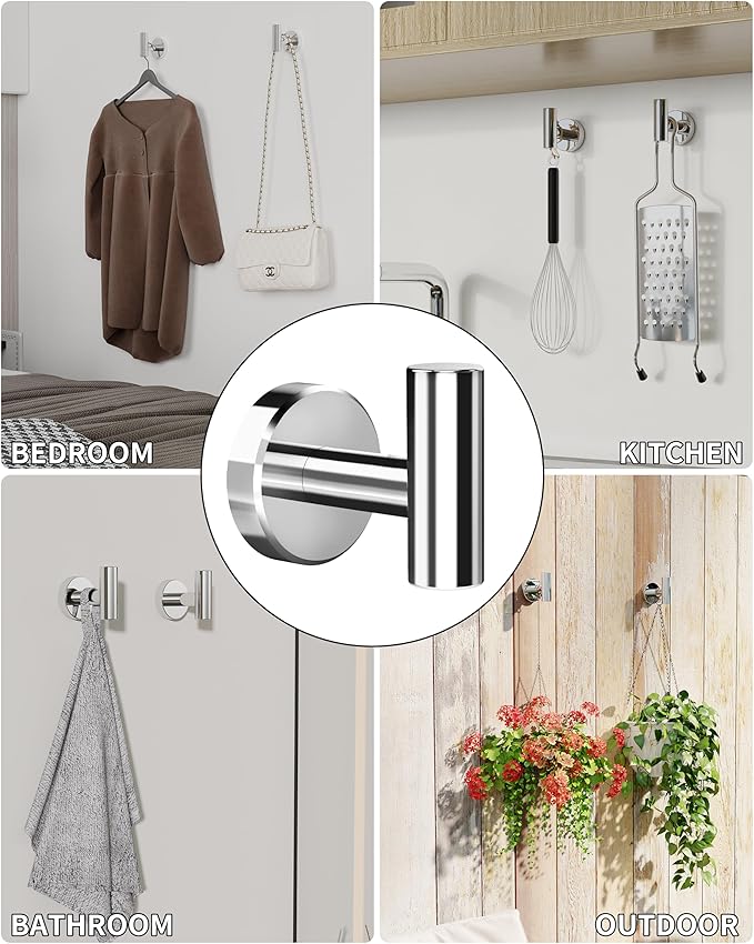 Chrome Bathroom Towel Hook, Coat Robe Clothes Hook for Kitchen Garage Wall Mounted 2 Pack, 304 Stainless Steel, Heavy Duty Door Hanger, Cabinet Closet Wall Hook for Hotel Pool (Polished Chrome)