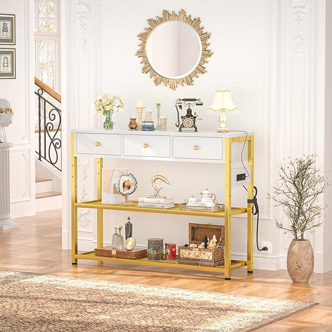 Ecoprsio 47'' Entryway Table with Outlets and USB Ports, Console Table with 3 Drawers, Sofa Table Narrow Long with Storage Shelves for Living Room, Couch, Hallway, Foyer, White and Golden-NeatNest