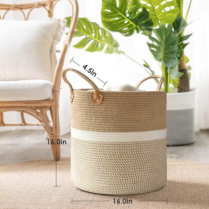 CHICVITA Extra Large Woven Storage Basket with Handles – Laundry Basket Toy Towels Jute Blanket Basket Home Decor Gift, 16" x 16", White-NeatNest