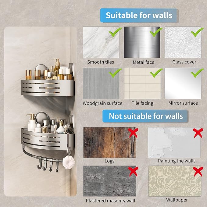 Suction Cup Shower Shelf,Shower Caddy Corner with Hooks and Towel Bar,Wall Hanging Corner Shower Caddy Suction Cup,No Drilling Rust Proof Aluminum Shower Shelf for Toilet & Kitchen(2-Pack,Gray)