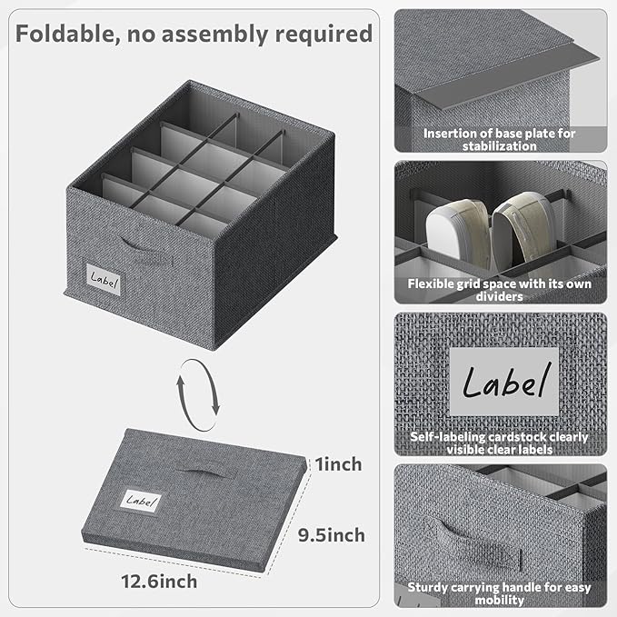 2 Pack Shoe Organizer for Closet,Fits up to 24 Pairs,Fabric Shoe Storage Bins,Large Shoe Box Storage Containers with Bottom Support for Shoes (Dark Gray, (16.5 * 12.6 * 9.5) x1)-NeatNest