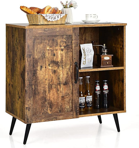 Giantex Mid-Century Storage Cabinet, Buffet Sideboard with Single Door & Adjustable Shelves, Free-Standing Cupboard, Wooden Accent Side Cabinet for Living Room, Rustic Brown