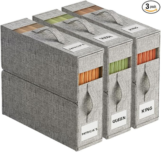 3Pack Sheet Organizers and Storage with Handles – Foldable Linen Closet Storage for King & Queen Sheet Sets – Clear Window & Removable Labels – Dustproof & Space-Saving Design, Grey-NeatNest