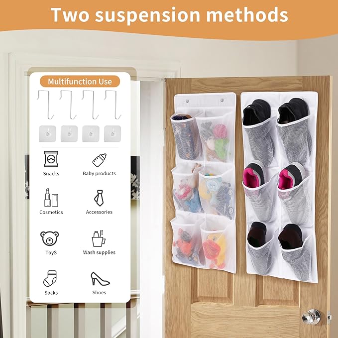 Over the Door/Wall Shoe Organizer, 2 Pack, Narrow, Hanging Shoe Rack for Closet, Bathroom, RV, Pantry, Camping, White-NeatNest