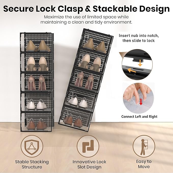 12 Pack XXX-Large Modular Clear Plastic Stackable Shoe Storage Organizer for Closet, Space Saving Versatile Sneaker Shoe Rack Containers Bins Holders, Portable Closet Organizers and Storage, Black-NeatNest