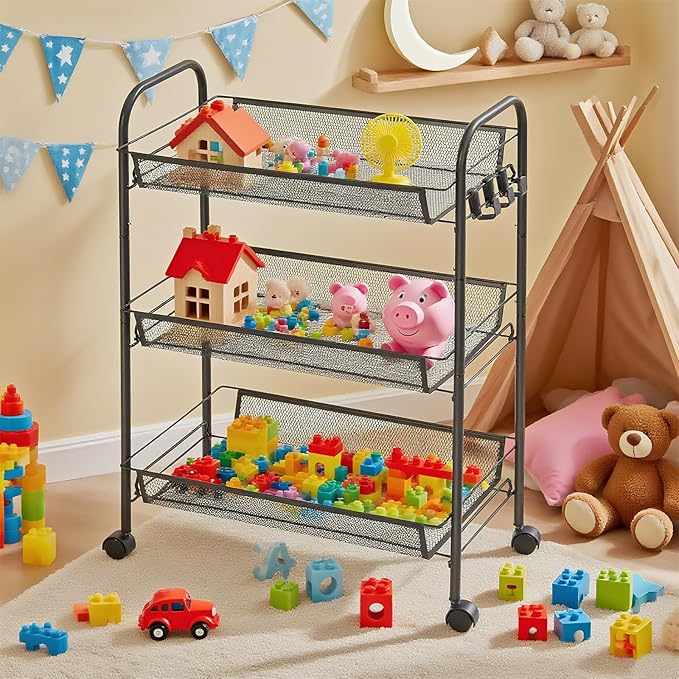 3 Tier Rolling Cart, Mesh Wire Utility Carts, Metal Storage Shelf with Wheels & 4 Side Hooks, for Laundry Room Organization, Kitchen, Living Room, Bathroom, Pantry, Dorm & Under Desk Storage