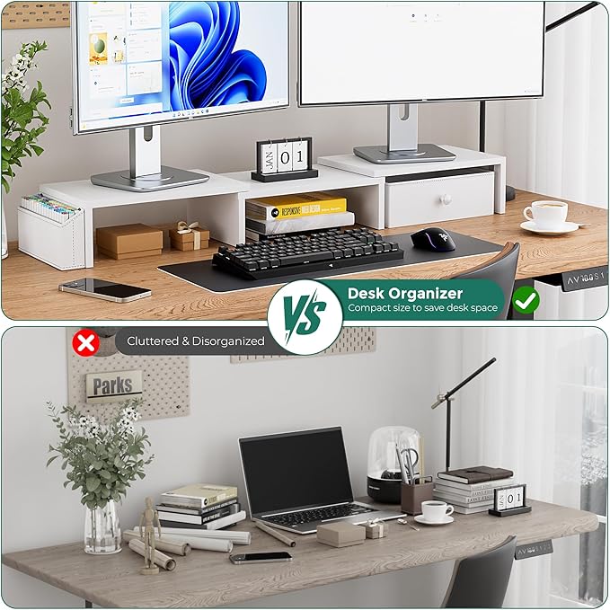 Dual Monitor Stand Riser, Adjustable Length & Swivel Angle Monitor Stand, Ergonomic Monitor Stand with Drawer & Side Pockets, Desktop Organizer and Office Desk Accessories, White