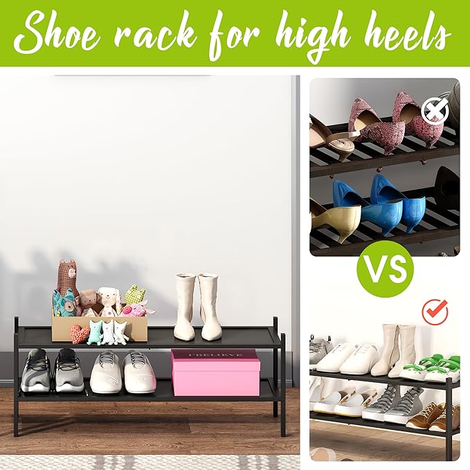 BMOSU 2-Tier Bamboo Extended Shoe Rack Premium Stackable Shoe Shelf Storage Organizer for Hallway Closet Living Room Entryway Organizer(Black)-NeatNest