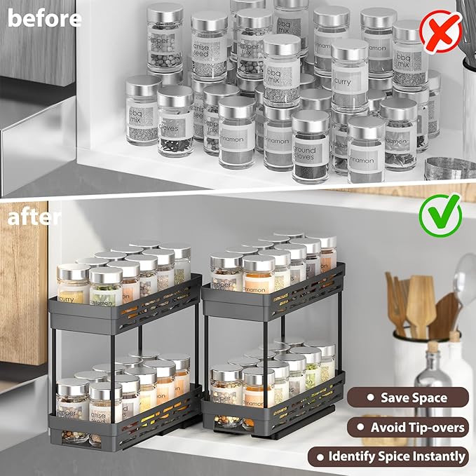 2 Pack Pull Out Spice Rack Organizer for Cabinet, Slide Out Spice Racks Organizer, Spice Cabinet Organizers, Cabinet Size Need:12'' Highx11'' Deepx5'' Wide,Hold 10 Spice Jar Each Tier-2Tier, Black-NeatNest