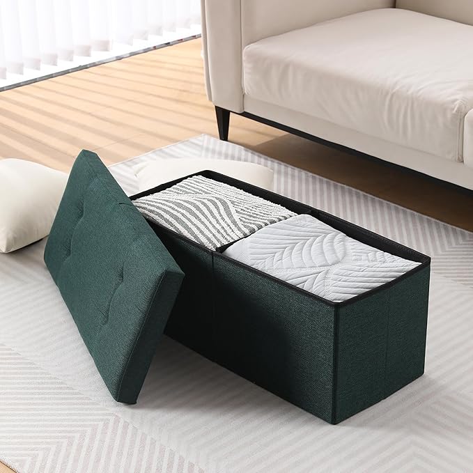 CUYOCA Storage Ottoman Bench Foldable Seat Footrest Shoe Bench End of Bed Storage with Flipping Lid, 75L Storage Space, 30 inches Linen Fabric Emerald, OT026DGN-NeatNest