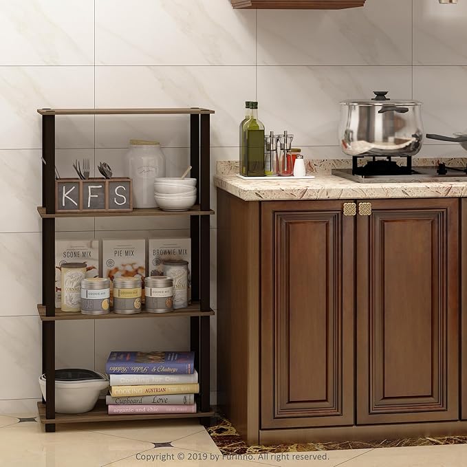 Furinno Turn-N-Tube 4-Tier Multipurpose Shelf Display Rack, Square Tube, Walnut/Brown-NeatNest