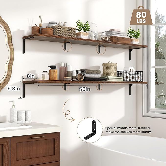 Fun Memories Deep Floating Shelves, 55W x 8D Floating Shelves Set of 2, Wall Mounted Shelf with Metal Brackets, Rustic Wood Wall Shelf for Bathroom, Kitchen and Living Room, Rustic Brown-NeatNest