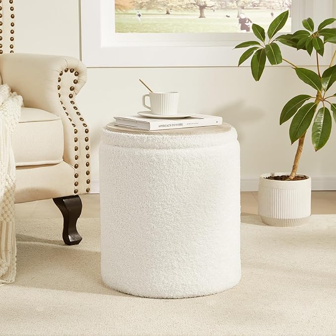 Boucle Round Ottoman with Storage Set of 2,Small Foot Stool Ottoman for Living Room, Small Coffee Table,Vanity Stool with Storage for Bedroom, White-NeatNest