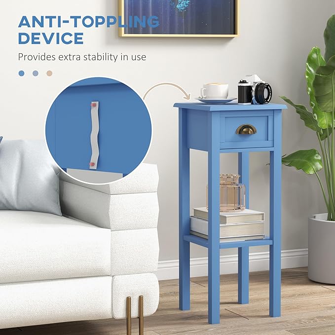 HOMCOM 2-Tier Side Table with Drawer, Narrow End Table with Bottom Shelf, for Living Room, Set of 1, Light Blue