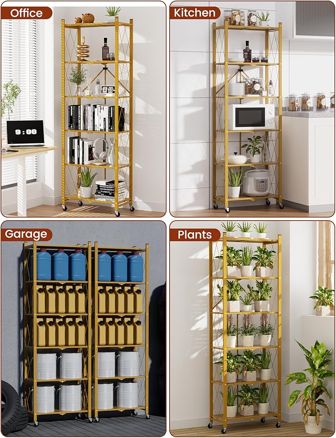 ALANNG 73.6 Inch Folding Bookshelf, 6 Tier Metal Bookcase and Bookshelves, Tall Shelves for Living Room Office Bedroom, Heavy Duty Book Shelve Free Standing Open (Gold, 1PACK)