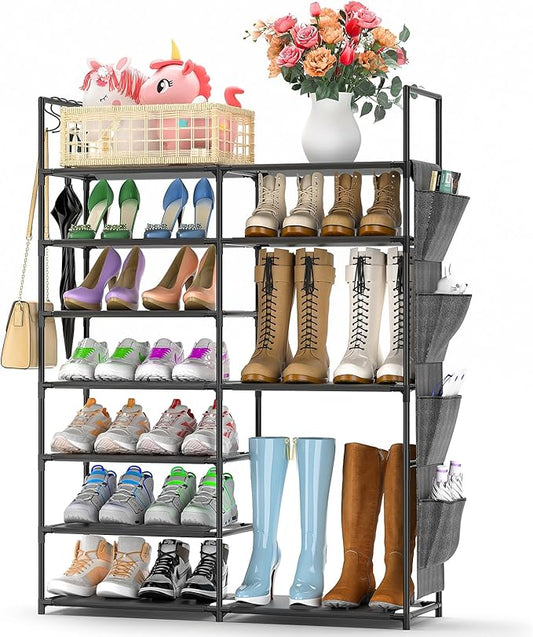 Kottwca 7 Tiers Shoe Rack Metal Shoe Organizer for Entryway Closet, 24-28 Pairs Stackable Shoe and Boots Shelf Storage Cabinet with Hooks and Side Hanging Pockets for Bedroom, Garage, Black-NeatNest