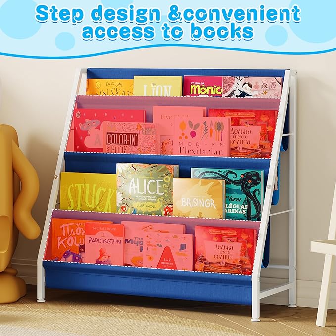 Book Shelf for Kids Rooms, Blue Montessori Bookshelf Nursery Book Shelves Toddler Children Bookshelf Metal Kid's Book Storage Organizer for Boys Room Furniture Playroom Kindergarten-NeatNest