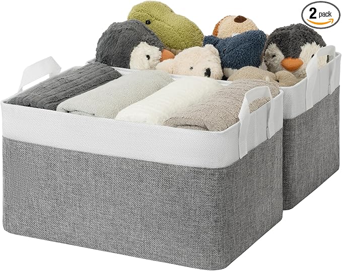 GRANNY SAYS Storage Baskets for Shelves, Closet Organizer Bins, Clothes Storage Bins with Metal Frame, Large Baskets for Organizing and Storage, Collapsible, Gray&White, 2-Pack-NeatNest