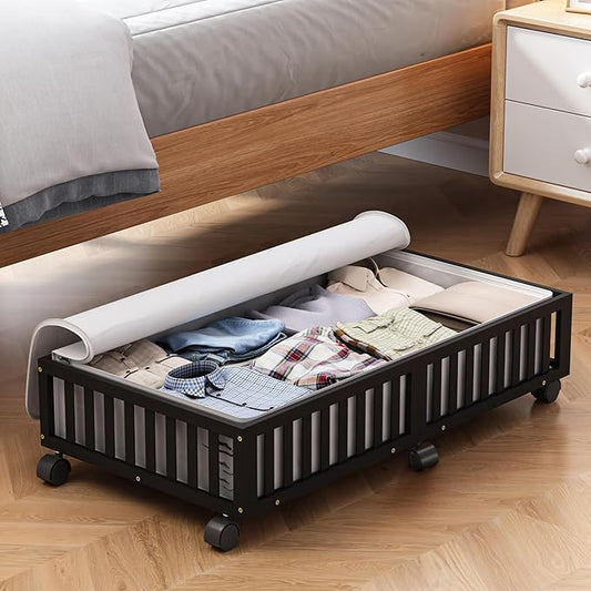 Bamboo Under Bed Storage Containers with Wheels, 1 Pack Large Under the Bed Shoe Storage Bins, Wood Rolling Underbed Drawers Organizer for Bedroom Closet Clothes Blanket Under Crib Toy Black-NeatNest