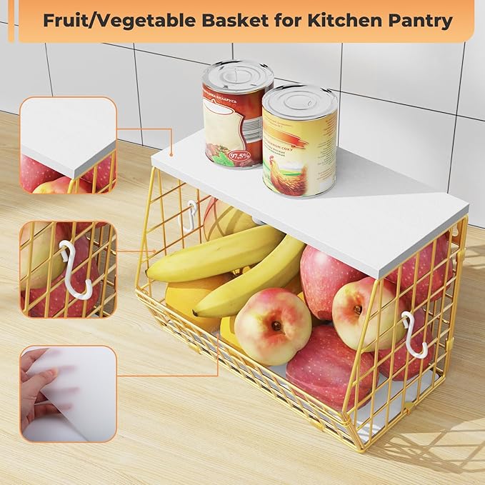 Gold Wire Basket for Organizing, Onion Storage, Hanging Wall Mount Fruit and Vegetable Storage for Pantry Organization, Sturdy Wire Metal Fruit Basket with Lid for Kitchen Laundry Countertop