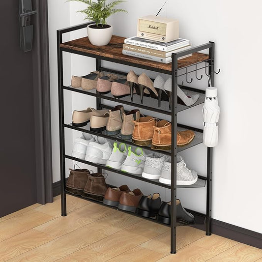 Refrze Shoe Rack for Front Door Entrance, 5 Tier Height-Adjustable Metal Shoe Rack, Sturdy Wooden Top and Tiltable Steel Frame Heavy Duty Shoe Organizer for Bathroom,Bedroom,Kitchen，Include Hook-NeatNest