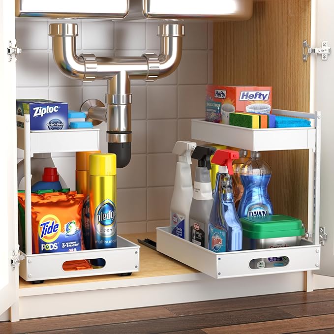 Sorbus Under Sink Organizer with Sliding Tracks – Pull Out Cabinet Organizer with Drawer & Installation Rails – Under Cabinet Bathroom Storage Organizer for Kitchen, Pantry, or Vanity –White 2 Pack-NeatNest