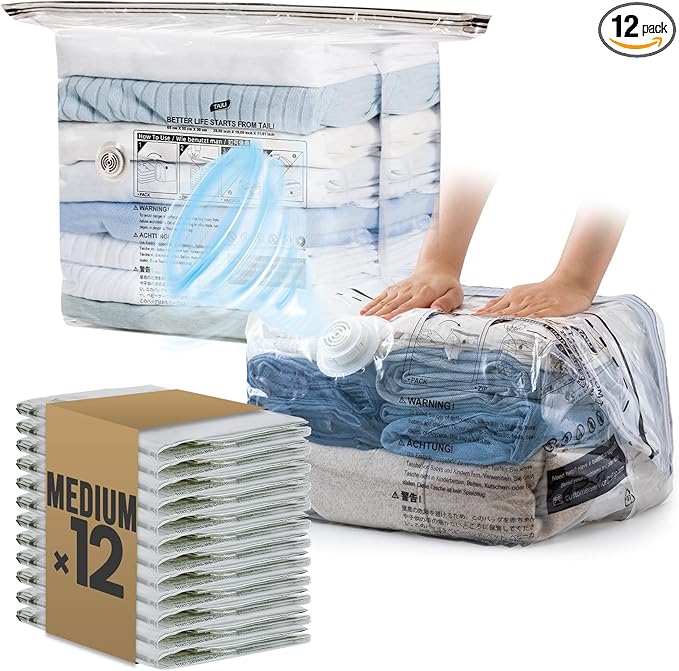 TAILI Travel Vacuum Storage Bags, Medium Cube (25x19x11 inch), 12 Pack Vacuum Seal Bags for Clothing, Compression Packing for Clothes, Blankets, Baby Clothes, No Pump Needed, Travel Accessories-NeatNest