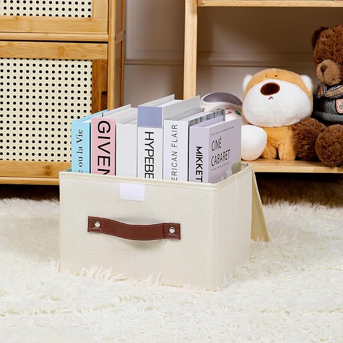ANMINY 4PCS Storage Bins with Lid PU Leather Handles Storage Boxes PP Plastic Board Decorative Foldable Lidded Cotton Linen Fabric Home Cubes Baskets Closet Organizer Containers - Beige, Small Size-NeatNest