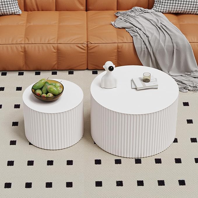 Round Nesting Coffee Table Wood Drum Nesting Tables Modern Stacking Coffee Table Set of 2 Fluted Center Table End Table for Living Room Home Office Small Spaces, No Assembling (Beige Large)