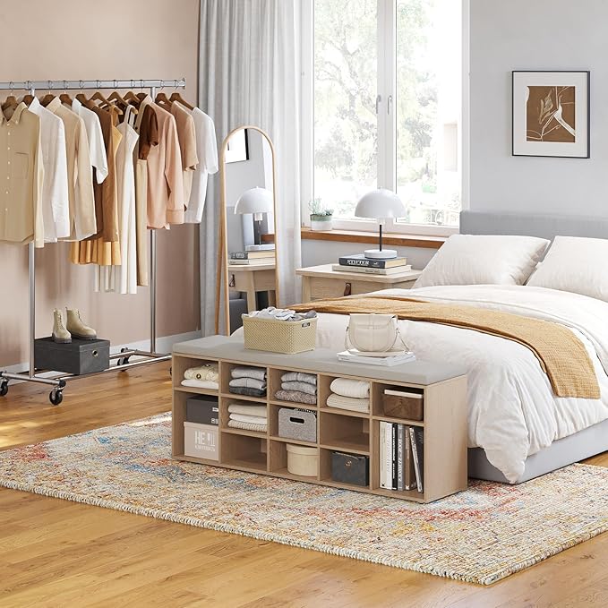 DINZI LVJ Shoe Storage Bench with Cushion, 15-Cubby Shoe Rack, Adjustable Shelves, Long Shoe Organizer Bench for Entryway, Mudroom, Hallway, Living Room, Bedroom and Garage, Natural-NeatNest