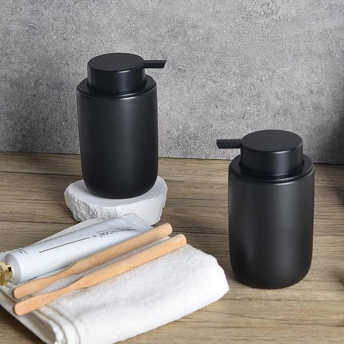 BosilunLife Foaming Soap Dispenser Set - Black Ceramic Foam Hand Dispenser 12oz Soap Dispenser Set with Rust Proof Pump, 4Pcs Clear Stickers for Kitchen, Bathroom - 2 Pack-NeatNest