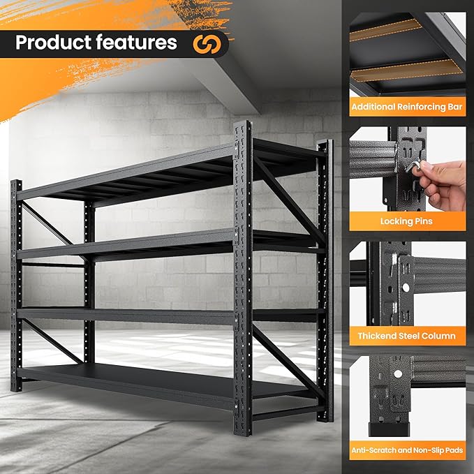 75” W Heavy Duty Metal Shelf, 8000LBS Metal Garage Shelving Units, 4 Tier Storage rack shelves, Steel Industrial Shelving , Adjustable Standing Shelf for Basement/Warehouse 75"W x 24"D x 70"H, Black-NeatNest