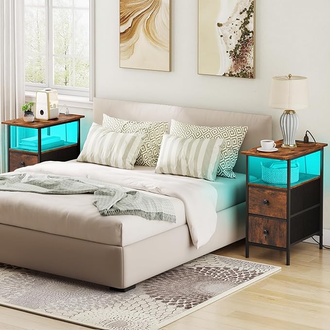 HOOBRO Narrow Side Table with LED Light and USB C Port, Night Stand with Charging Station, Skinny End Table with 2 Fabric Drawers, for Bedroom, Living Room, Rustic Brown and Black BF486UDBZ01