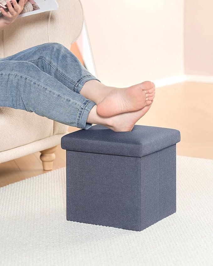 B FSOBEIIALEO Storage Ottoman Cube, Linen Small Foot Seat, for Living Room, Bedroom, Home Office, Dorm Storage Footrest Blue 11.8"x11.8"x11.8"