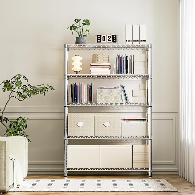IZEUK 5-Tier Heavy Duty Metal Storage Shelving Unit (Chrome, 17.7" D x 47.2" W x 72.3" H, 1750 lbs Capacity), Adjustable Steel Wire Rack Shelf Organizer for Garage, Kitchen, Pantry, Basement, Laundry-NeatNest