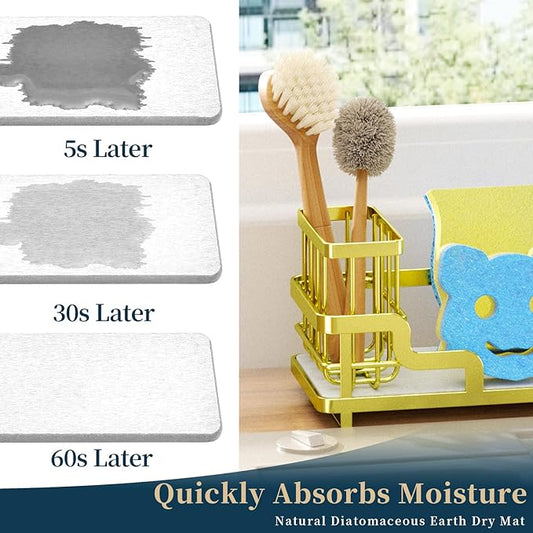 Consumest Sponge Holder for Kitchen Sink - Sink Caddy Organizer with Water Absorbing Stone Tray, Detachable Brush Holder, Stainless Steel Kitchen Counter Organizer Rack, Gold-NeatNest