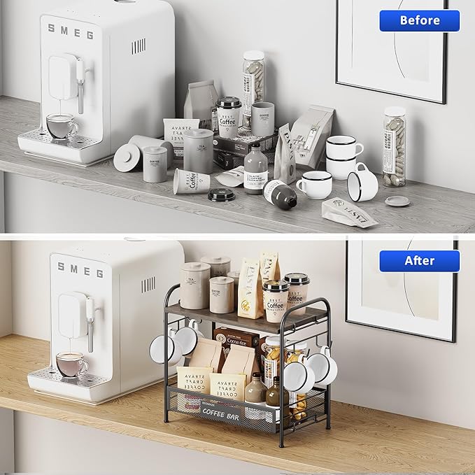 Coffee Bar Organizer for Countertop Station, Simple Assembly 2 Tier Shelf for Home,Office, Coffee Cup Holder Storage Organization for Counter Accessory Storage Rack with 4 Hooks Space-Saving-NeatNest