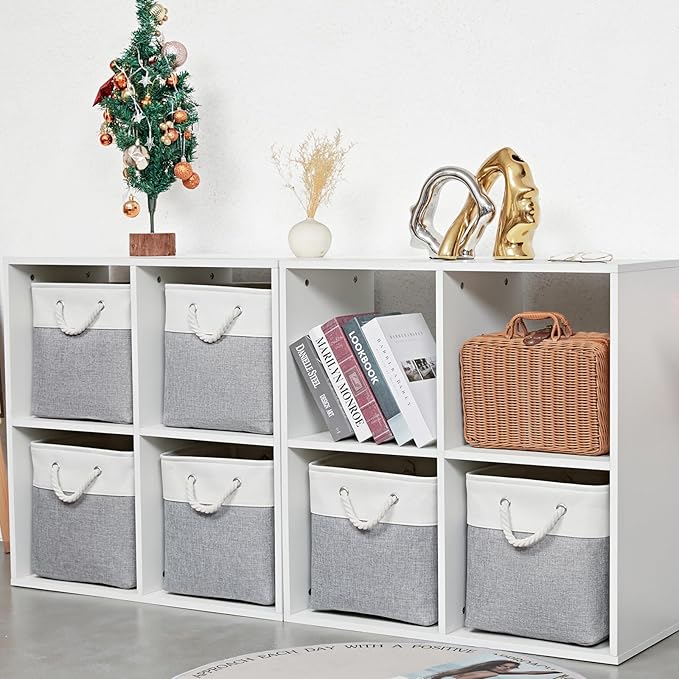 12 x 12 Inch Cube Storage Bins, 6 Pack Large Collapsible Fabric Storage Bin with Ropes, Foldable Storage Cubes for Home, Office,Closet, Clothes, Toys Organizer (White & Grey)