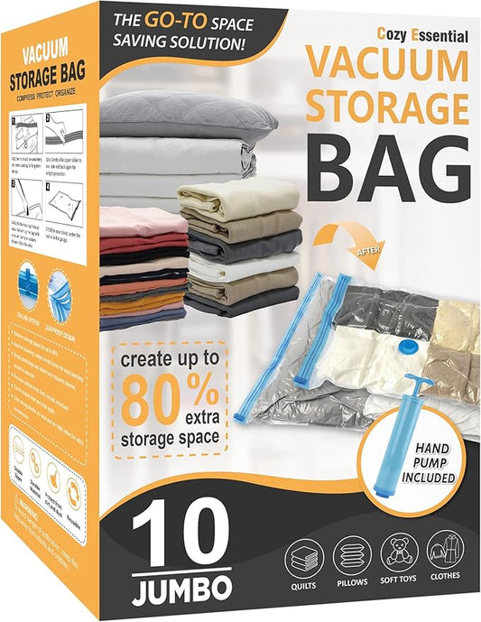 10 Jumbo Vacuum Storage Bags, Space Saver Bags Compression Storage Bags for Comforters and Blankets, Vacuum Sealer Bags for Clothes Storage, Hand Pump Included-NeatNest