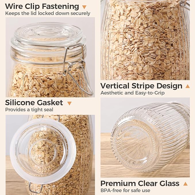 ComSaf Airtight Glass jar with lid 51oz Set of 3, Glass Storage Containers with Lids, Large Glass Canister, Striped Clip Fastening Jar for for Canning, Flour, Pasta,Coffee Beans, Cereal, Rice, Pickle-NeatNest